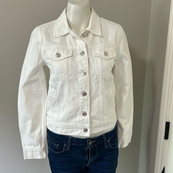 J Crew Jacket White Denim Long Sleeve Silver Button Timeless Classic Sz XS NEW - Picture 2 of 11